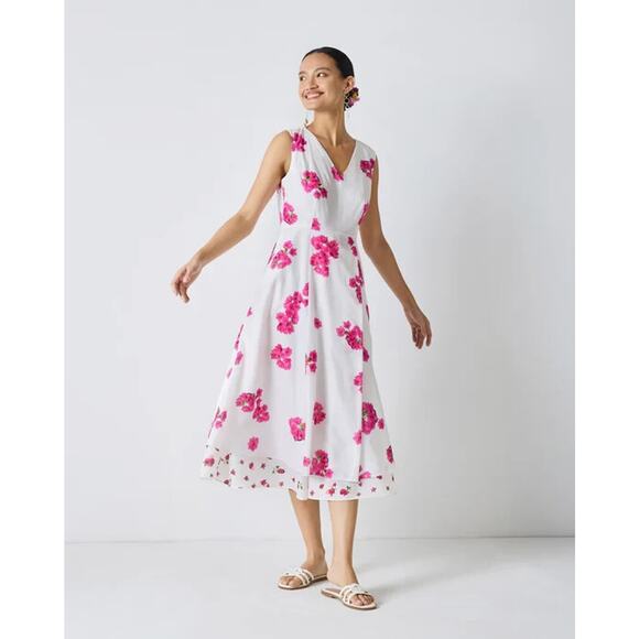 NICOBAR Ceylon Layered MIDI Dress - White & Fuchsia Print SZ L - Picture 7 of 7